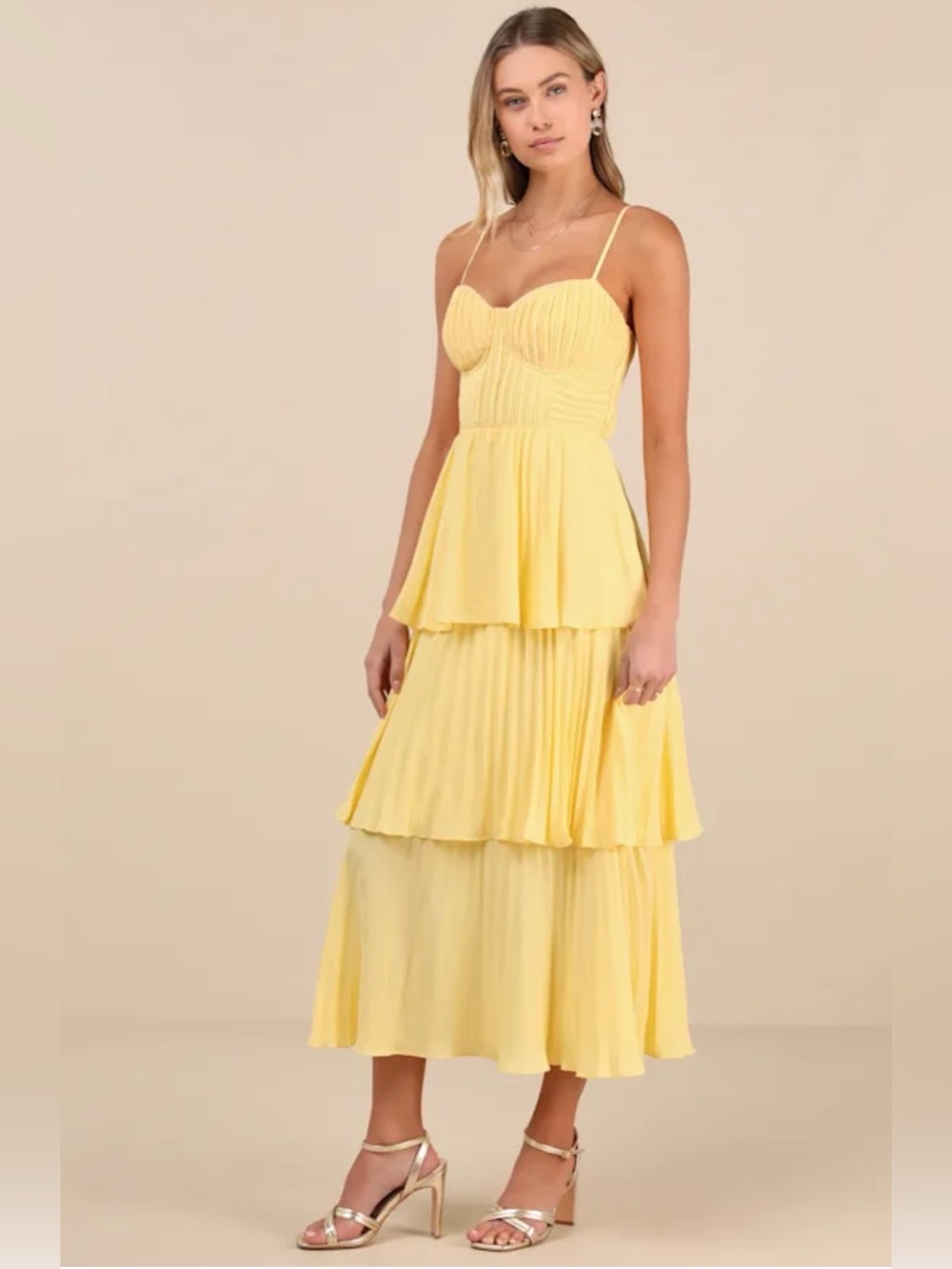 Lulus Cascading Crush Yellow Tiered Bustier Midi Dress Sz M